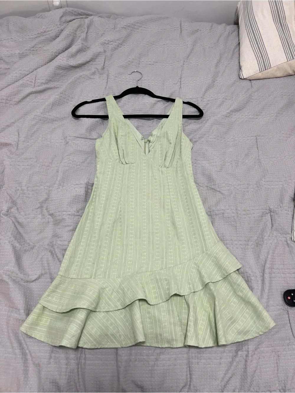 Hello Molly Light Sage V-Neck Ribbed Ruffle Mini Dress - Picture 2 of 5